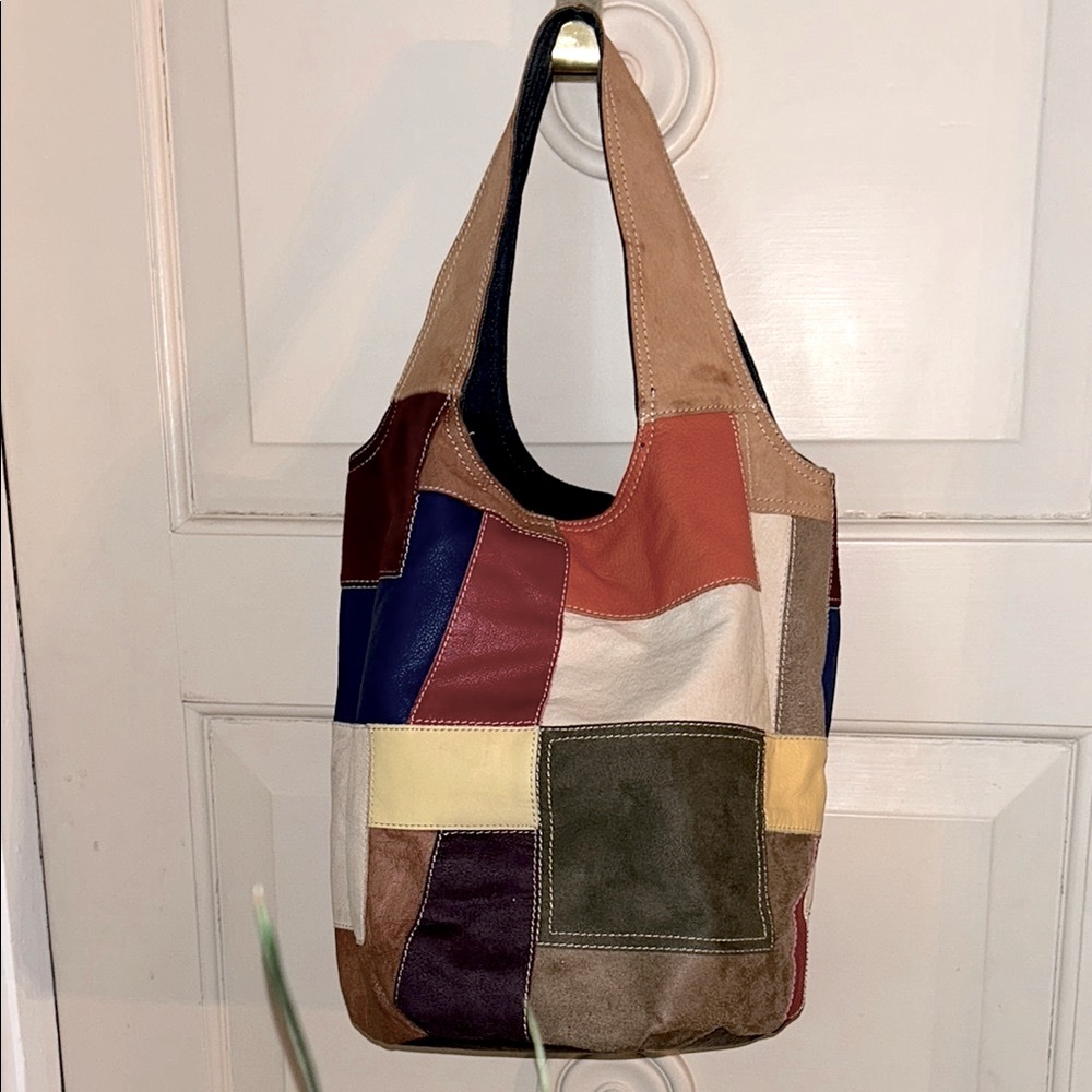 ANTHROPOLOGIE Patchwork Leather Tote BUCKET Bag With denim interior & zip pocket